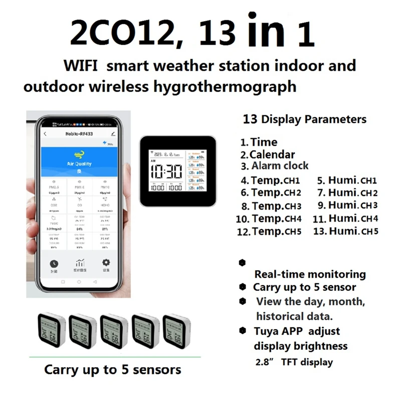 كاشف جودة الهواء Tuya WiFi ، كاشف درجة الحرارة والرطوبة من الفورمالديهايد TVOC ، ساخن ، 13 في 1 ، ثاني أكسيد الكربون ، CO ، PM2.5 ، 2C012