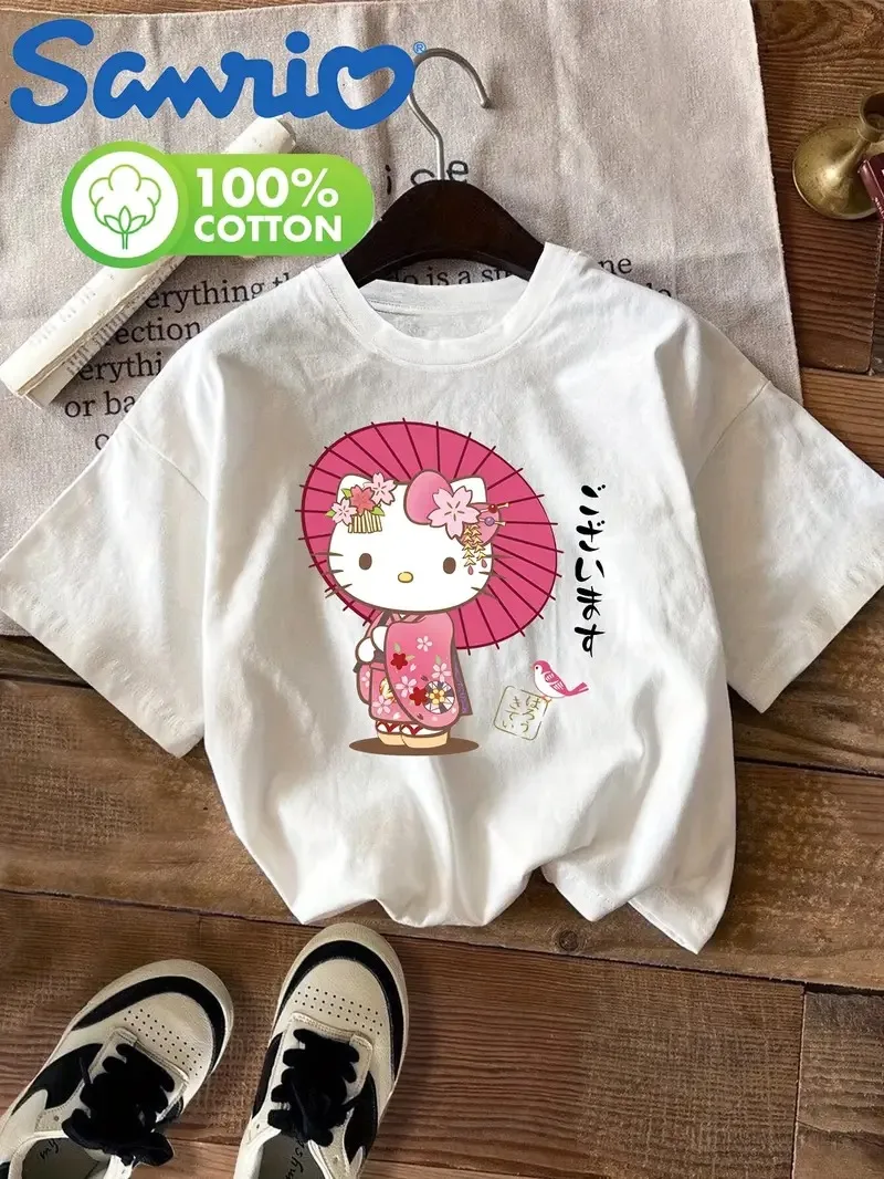 Camiseta de algodón Sanrio Hello Kitty Hello Kitty en kimono con paraguas rosa y estampado de flores de cerezo exquisito estilo japonés