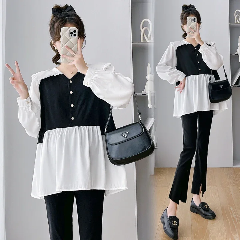 2024 Spring Fashion Loose Tunic Shirts Clothes for Pregnant Women Sweet Pregnancy Tops T Color Block Patchwork Maternity Blouse