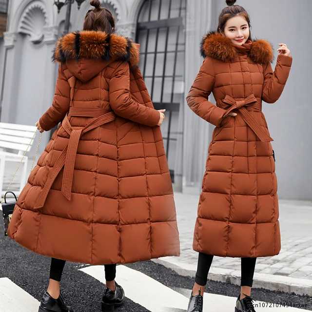 Parkas de pele com capuz acolchoado para mulheres, Engrossar casaco longo quente, jaqueta de inverno, roupas com capuz