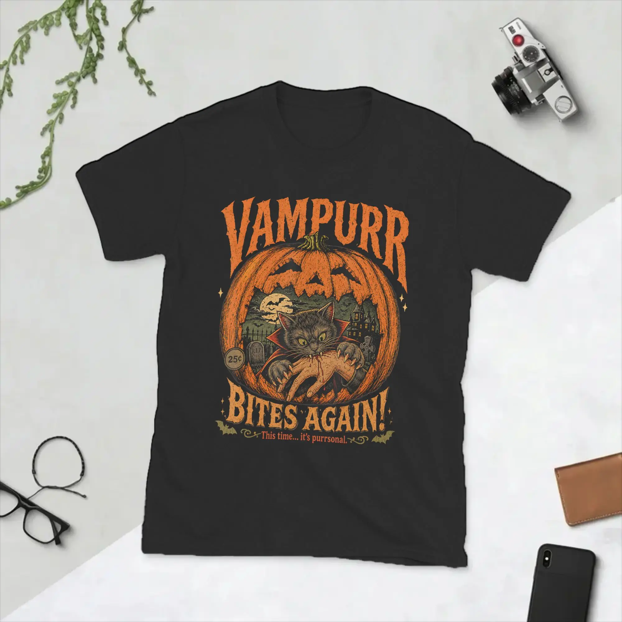 Pumkin Vampurr Bites Again Halloween Vampire Cat Men T Shirt  Vintage Tee Shirt Short Sleeve Crewneck T-Shirts Cotton