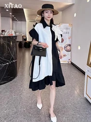 XITAO Three-dimensional Decoration Dress Asymmetrical Patchwork Turn-down Collar Single Breasted Shirt Dress 2024 Summer ZY8779