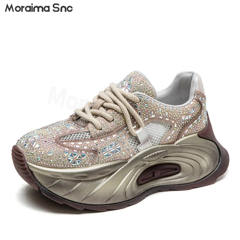 

Mesh Height-Enhancing Rhinestone Casual Shoes Thick-Soled Round-Toed Breathable Light Luxury Niche Rhinestone Women's Shoes