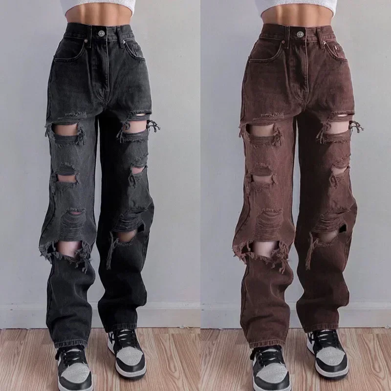 

Jeans Women Wide Leg Pant Denim Long Pants Straight Trousers Elegant Splice Hole High Waist Casual Loose Autumn Winter 2024