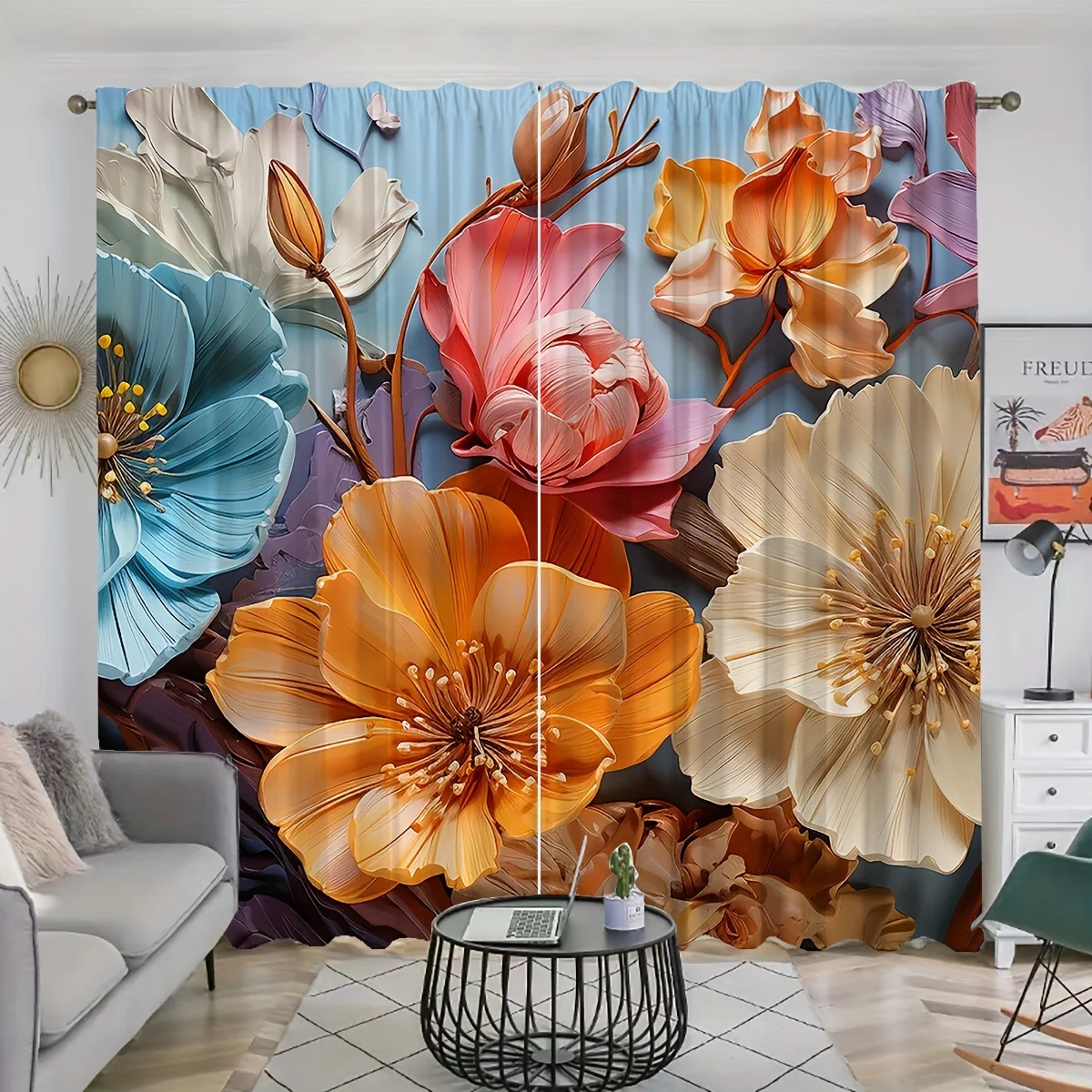 

2pcs Oil Painting Flower Pattern Curtains Decorative Rod Pocket Window Drape Window Treatments For Bedroom Living Room cortinas