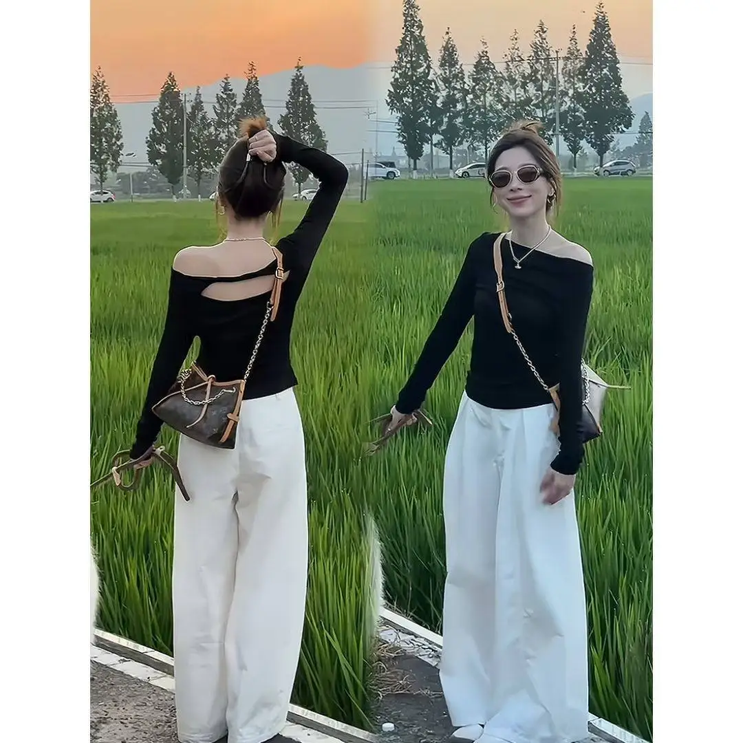 

Spring and Autumn Korean Style Women's Set New Slim Fit Off Shoulder Long Sleeved T-shirt+wide Leg Pants Two-piece Set