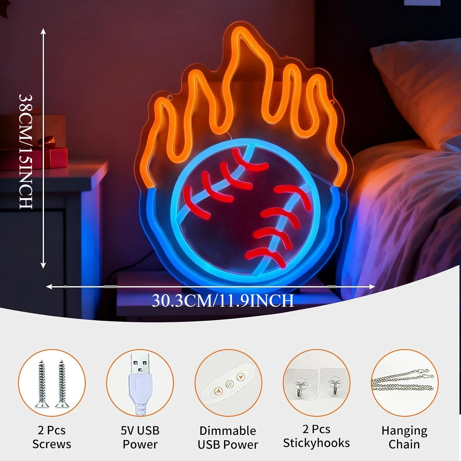 Flame Baseball Neon Sign USB LED Neon Light Wall Lamp For Sports Man Cave Garage Bar Teen Bedroom Baseball Club Decor Gift