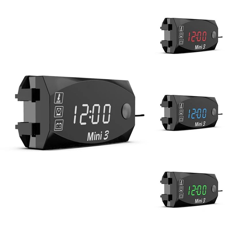 LCD Display Voltmeter Waterproof IP67 Digital Time Clock For Motorcycle Scooter Car Boat 3-In-1 Thermometer