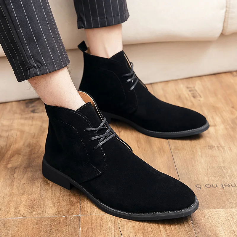 British Style Elegant Brown Chelsea Boots Men Lace-up Pointed Dress Boots For Man Comfortable Suede Men\'s High Top Leather Shoes