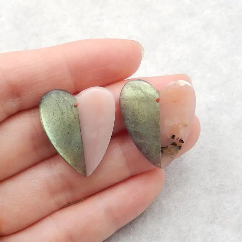 Natural Stone Pink Opal And Labradorite Gemstone Heart Fashion Jewelry Earrings Accessories For Women 25x21x4mm 6g