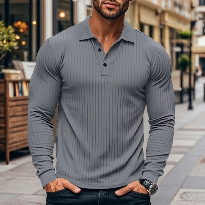 New Men's Polo Shirt Long Sleeve Button-down Solid Color Popular Pullover Knitwear Streetwear Clothing