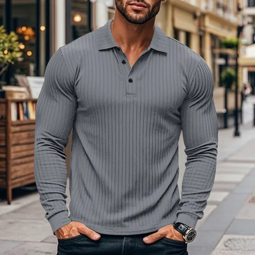 Nueva camisa Polo para hombre de manga larga con botones de Color sólido Jersey Popular prendas de punto ropa de calle
