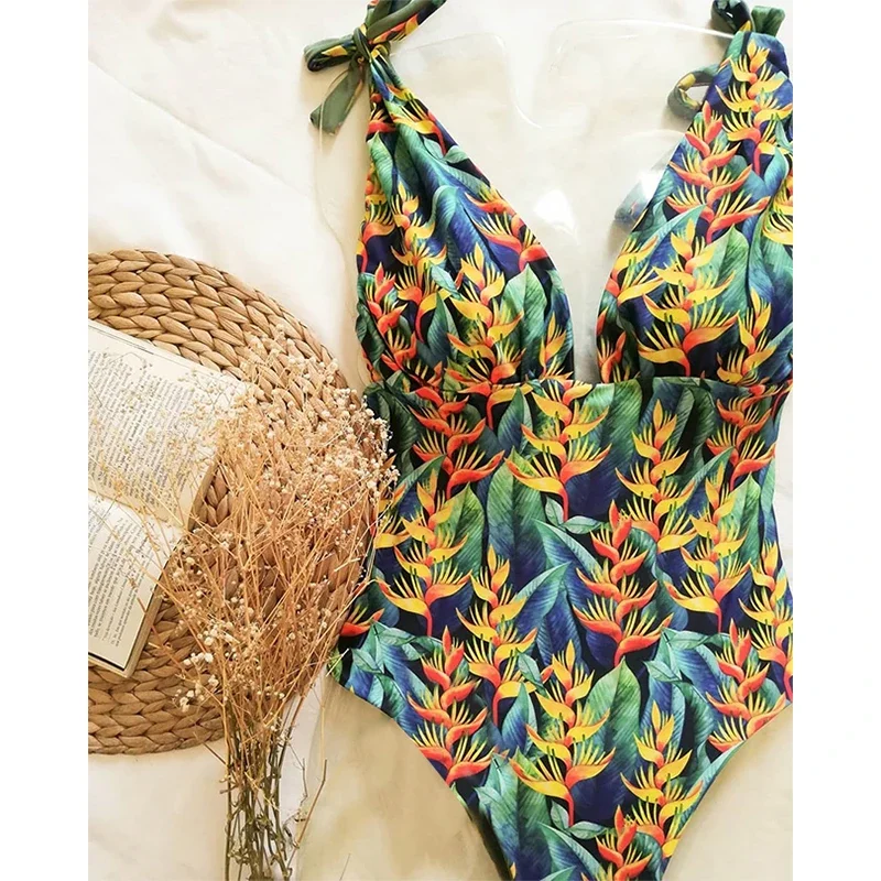 Sexy Deep V Neck One Piece Swimsuit Women Swimwear Patchwork Monokini Floral Bath Suit Maillot De Bain Striped Beach Wear
