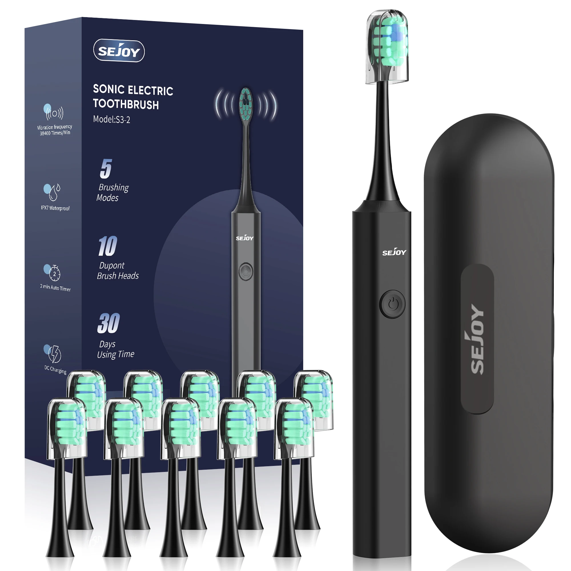 

Sejoy Sonic Electric Toothbrush for Adults, Rechargeable Sonic Toothbrush ,5 Modes , Smart Timer, 10 Brush Heads andTravel Case