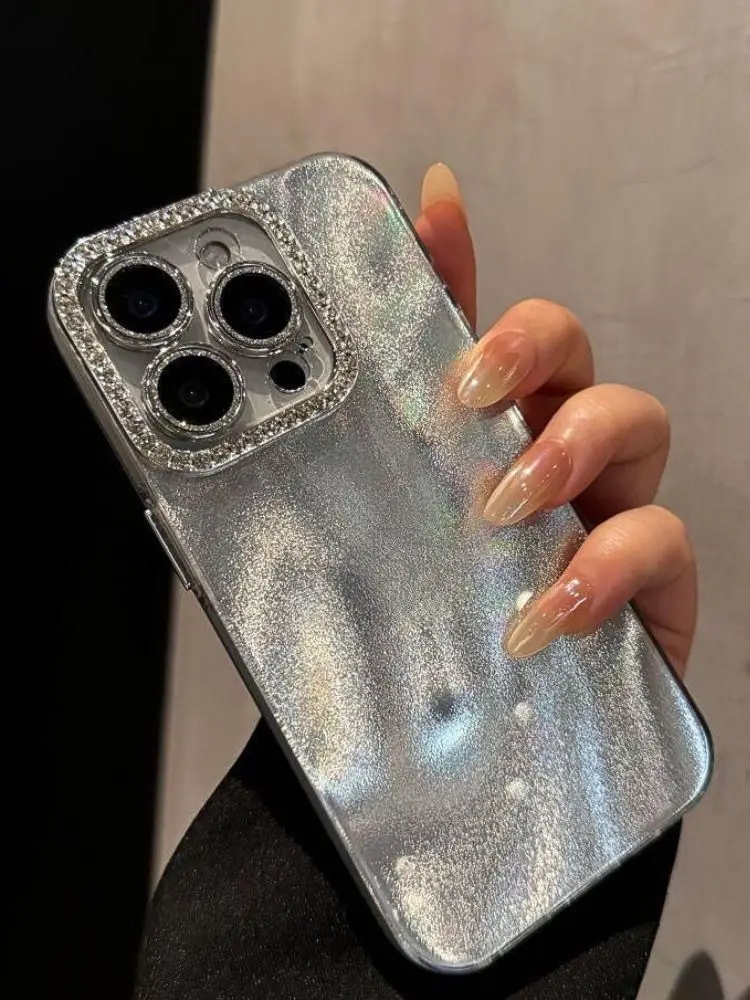 Funda de diamantes de imitación con purpurina de lujo para iPhone 16pro Max 15 Pro, lente de diamante chapada en láser, cubierta de teléfono para