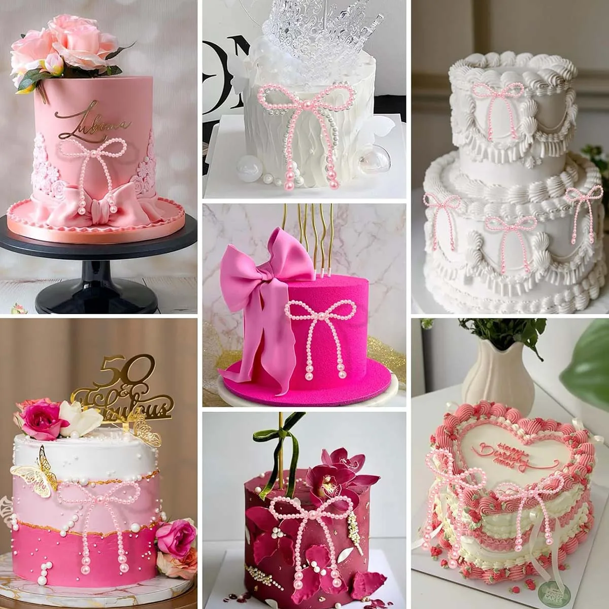 Weiß/rosa Perlenschleife-Kuchendekoration, geeignet für einzelne Partys, Geburtstage, Taufe, Hochzeiten, Partydekoration mit Prinzessinnenmotiv. – Detail 5