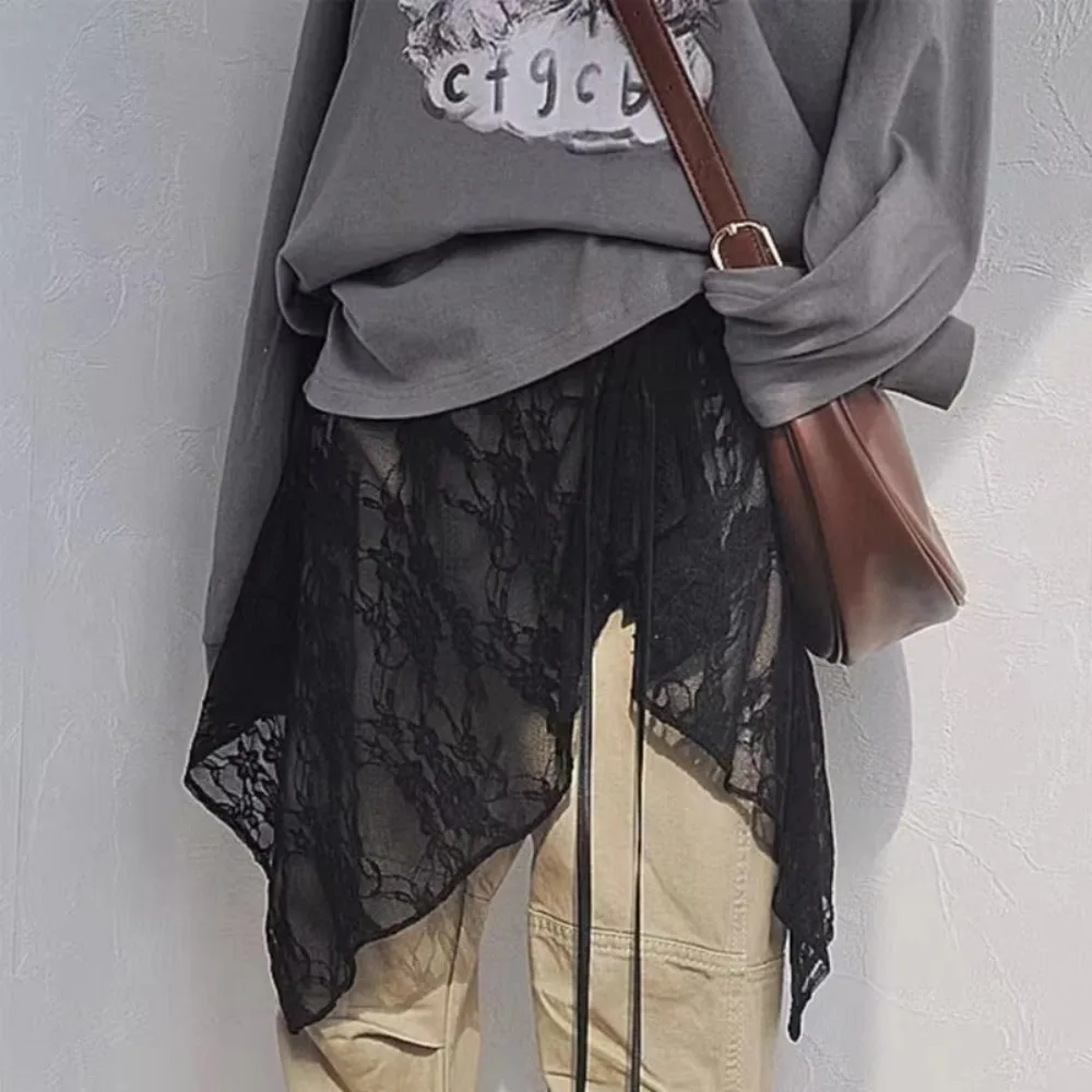 French Lacing Lace Mini Skirt Embroidery Y2K Streetwear Ruched Skirts Irregular Hemline Harajuku Apron Wrap Skirt