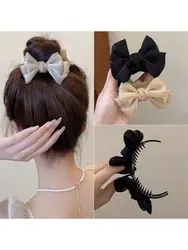 Mesh bow hair clip, niche, simple, high ponytail, fixed grip clip, fashionable ball head, coiled hair accessory for women