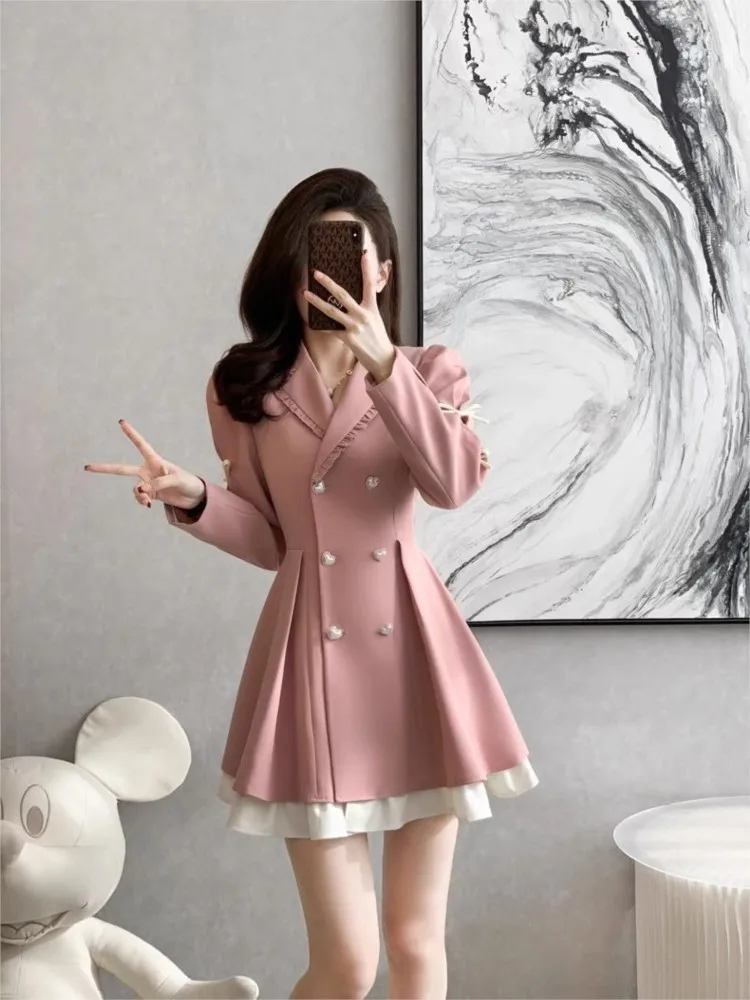 French Elegant Chic Suit Dress Women Autumn Winter New Fashion V Neck Double Breasted Mini Dresses Female Office Short Vestidos