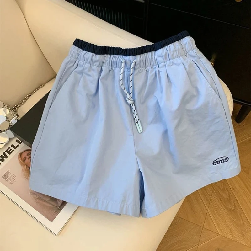 High Street Elastic Waist Drawstring Contrast Patchwork Sports Shorts Summer All-match Casual Pants Trend Fashion Women Clothing