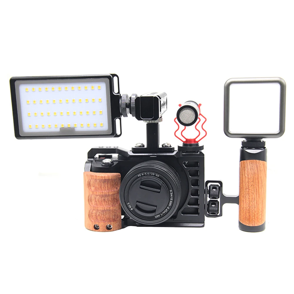 Camera Cage with Wooden Aluminum Alloy DSLR Camera Protective Cage Kit for Sony