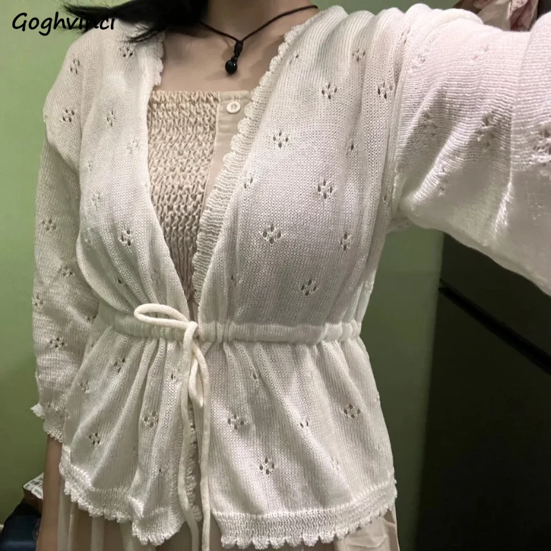 Cardigan Women Summer Flattering Waist Vintage Korean Hollow Out Faddish All-match Sweet Girls Attractive Ulzzang Temper Chic