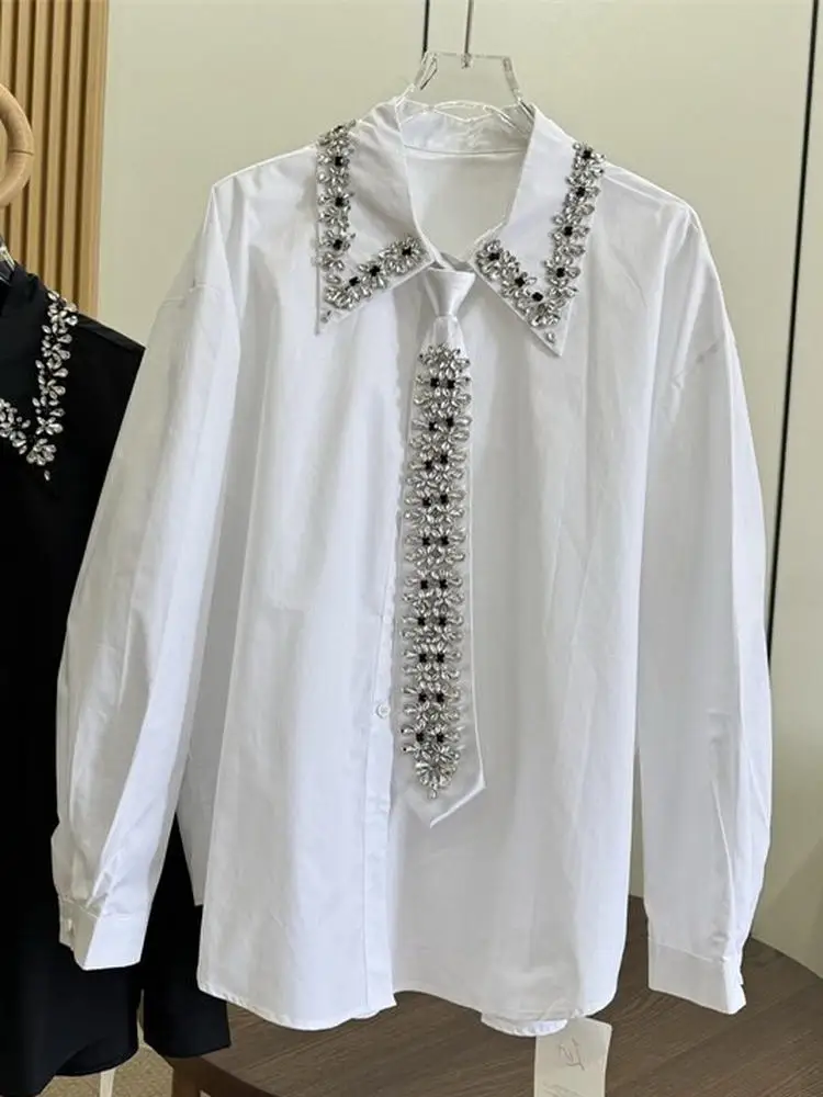 

White Black Women's Long Sleeve Shirt Casual Style Loose Fit Cotton Material Button-Up Design Fashionable Personalized Top