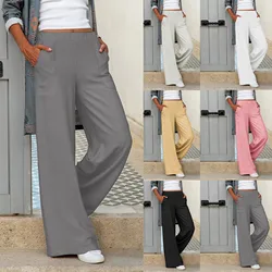 Women Fashion Elastic Waist Wide Leg Long Trousers Pockets Casual Solid Color Loose Female All Match Pants New