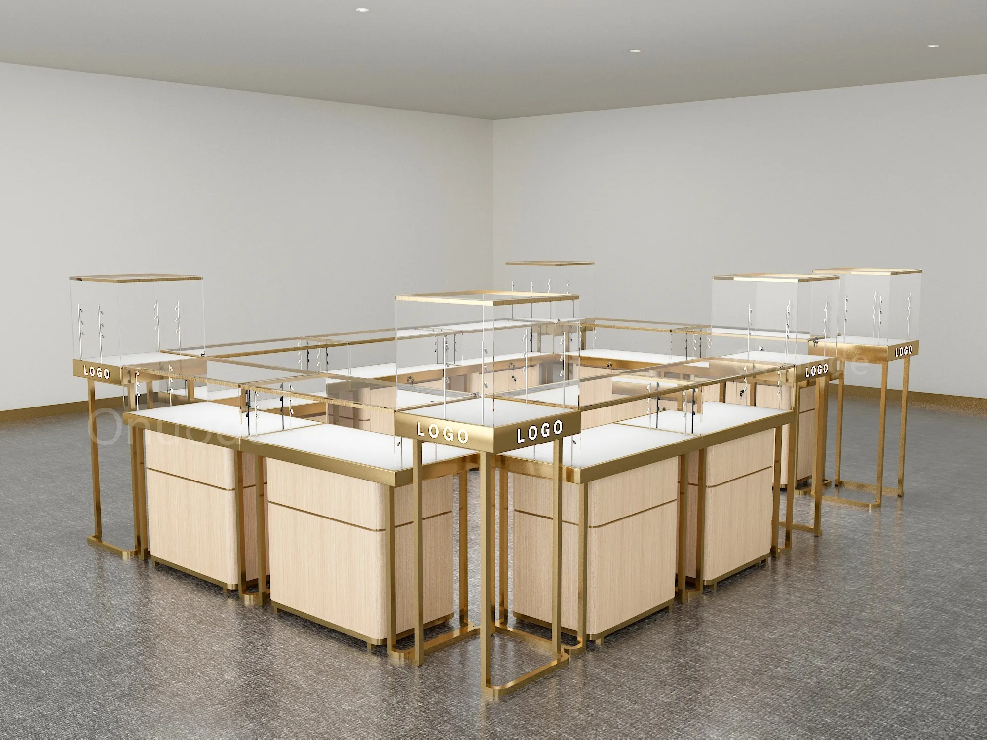 Custom.Modern Luxury Jewelry Display Showcase untuk Showroom Toko Ritel Pusat Perbelanjaan Lampu LED Kaca Tempered Logam MDF Perhiasan