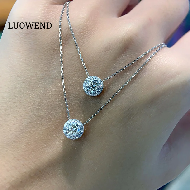 

LUOWEND 100% ожерелье из белого/желтого золота 18 карат, элегантное ожерелье круглой формы с подвеской из настоящего натурального бриллианта для женщин, ювелирные изделия