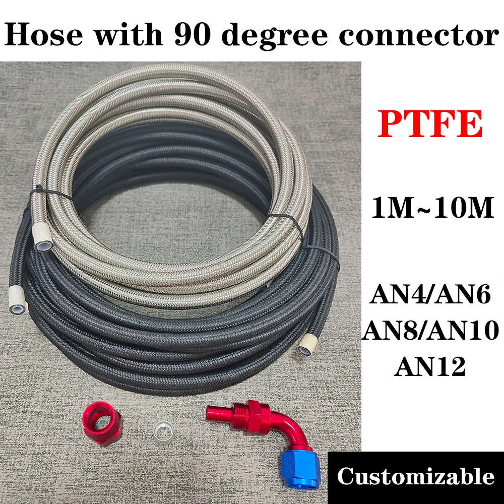 

AN4~AN12 Customizable Black/Silvery Nylon stainless steel braided inner PTFE fuel hose, oil and gas cooler hose+90°connector