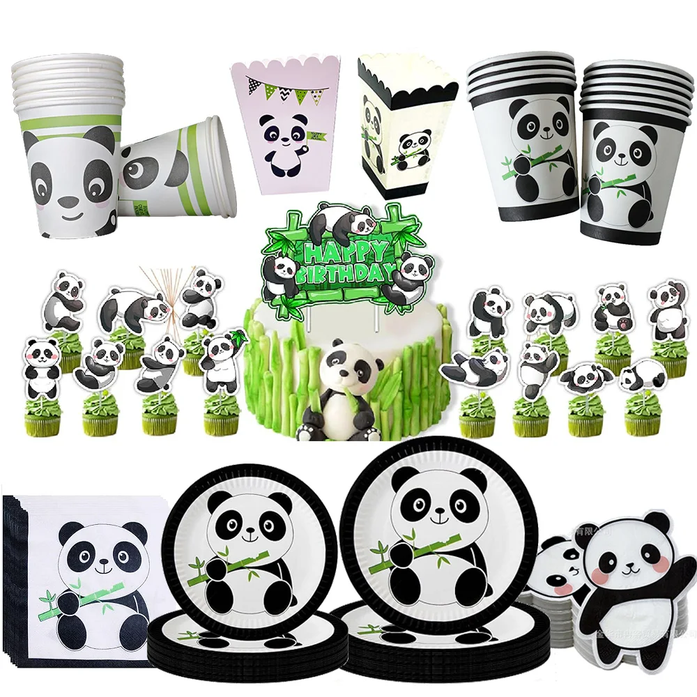 Vajilla de fiesta de Panda, platos de fiesta de Panda, tazas, servilletas, caja de palomitas de maíz, decoración de pastel para fiesta de cumpleaños temática de Panda, decoración para Baby Shower
