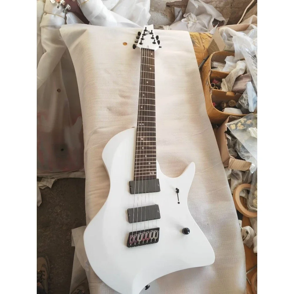 Handmade 7-String Fanned Fret Electric Guitar White Body Humbucker Pickups Black Hardware High-Quality Craftsmanship