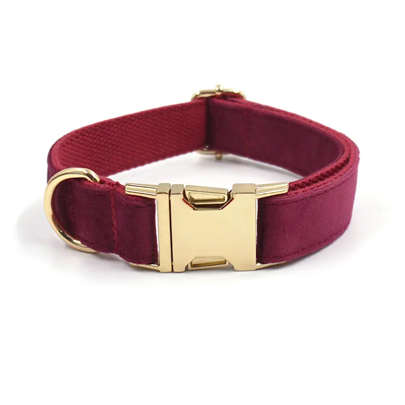 Burgundy Velvet Dog Collar Personalized Thicken Metal Buckle Pet Harness Bow Tie Collar Leash Set with Poop Bag Luxury Dog Gift