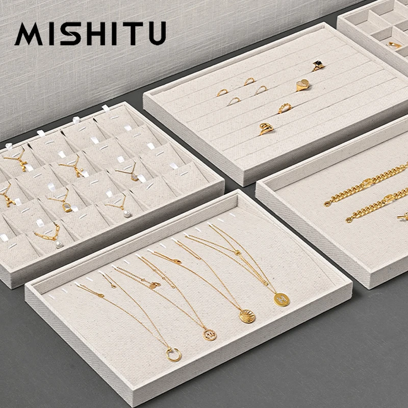 MISHITU Sackcloth Jewelry Display Tray Stackable Jewelry Tray Set Necklace Pendant Rings Earrings Storage Trays Showcase Display