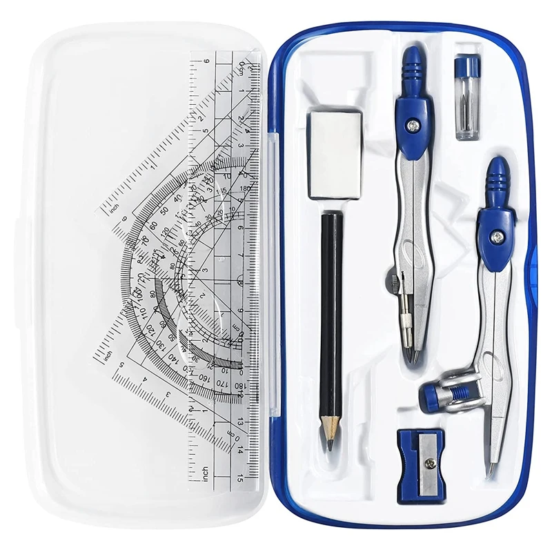 

10 Piece Math Geometry Kit Sets Student Supplies For Drafting And Drawings With Shatterproof Storage Box