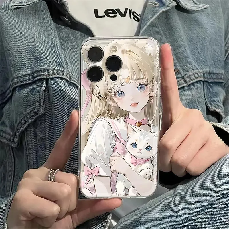 Cartoon Necklace Blonde Girl Cat For iPhone Case 16 15 14 13 12 11 Pro XR XS Max 7 8 Plus Shockproof Phone Y2k Pink Cute Cover