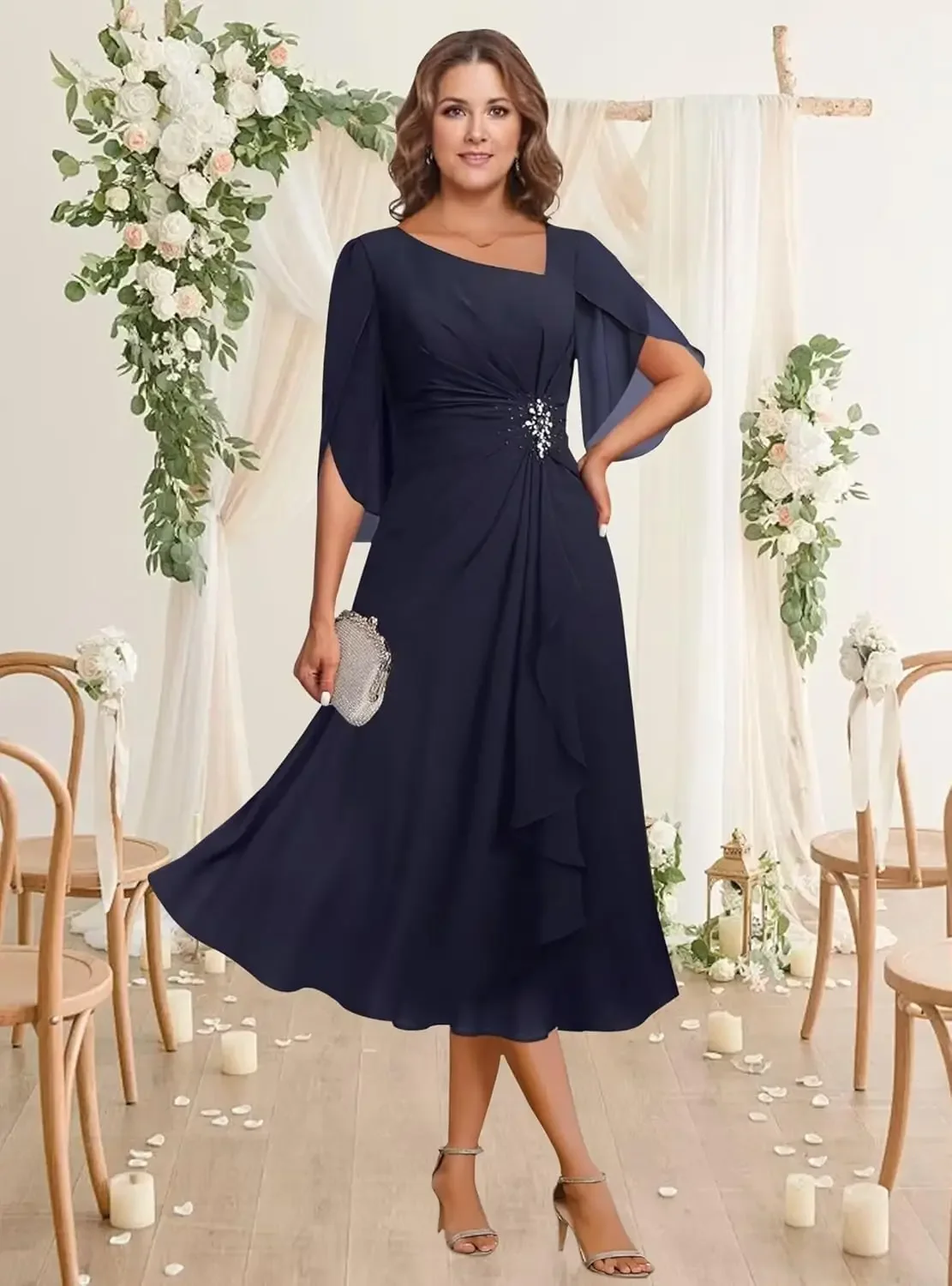 

Formal Evening Gowns Prom Party Dresses Mother of Bride Dress Asymmetrical Neck Mother of The Bride Dresses for Wedding Chiffon