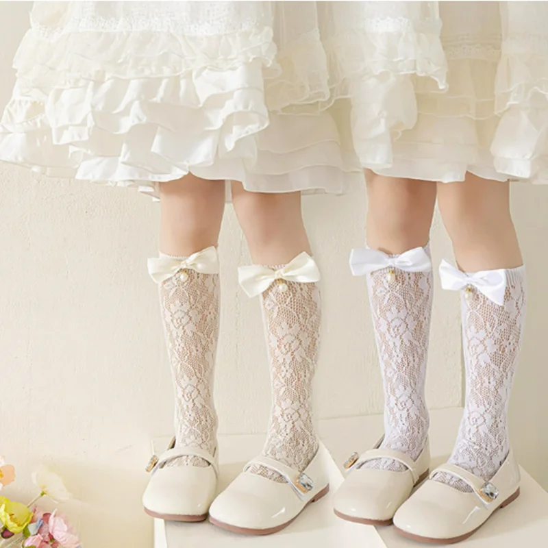 

1 Pair Cute Bow Mesh Lace Baby Girls Stockings Summer Thin Lolita Girls Knee High Socks
