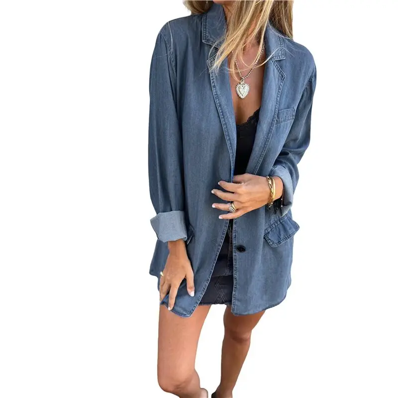 Camisa vaquera con botones para mujer, chaqueta vaquera holgada informal con solapa de manga larga-ABQU