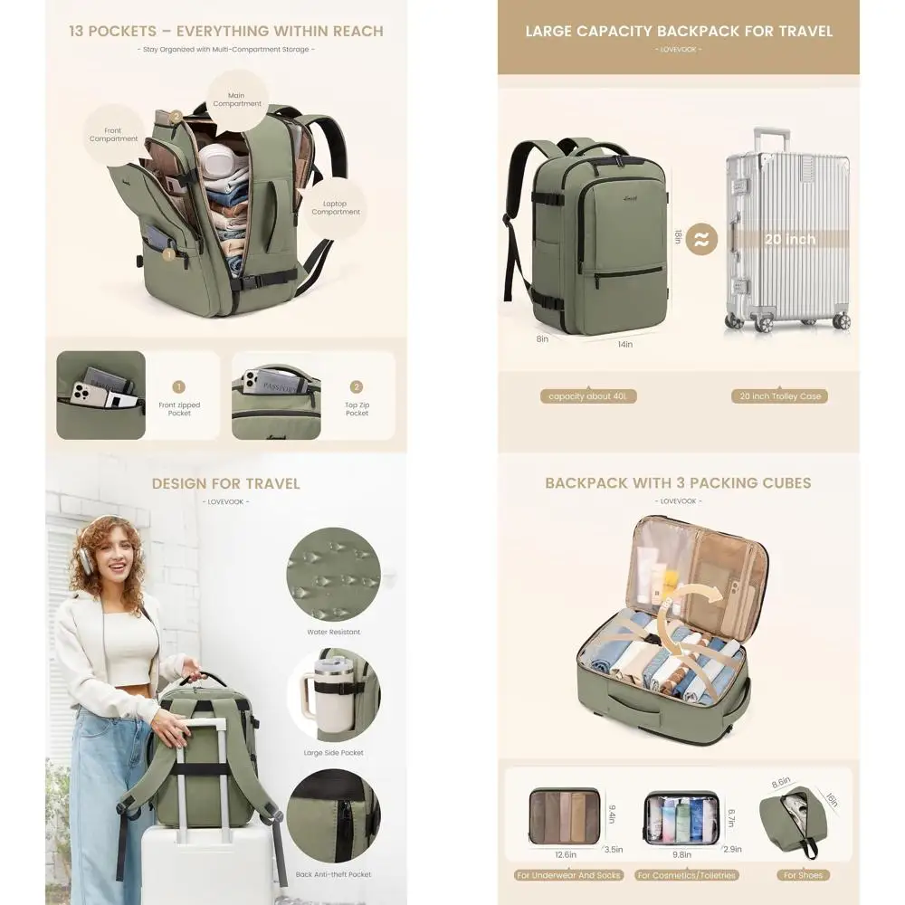 

Рюкзак для путешествий LOVEVOOK для женщин и мужчин, 40 л, большой рюкзак для ручной клади, одобренный авиакомпаниями, сумка для персональных вещей TSA, водонепроницаемый