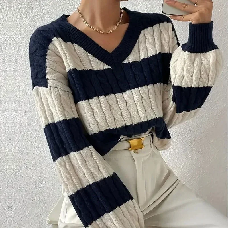 Autumn Winter V-neck Pullover Striped Sweater Women Loose Comfortable Color Blocking Sweaters Female Casual Trend Knitted Tops