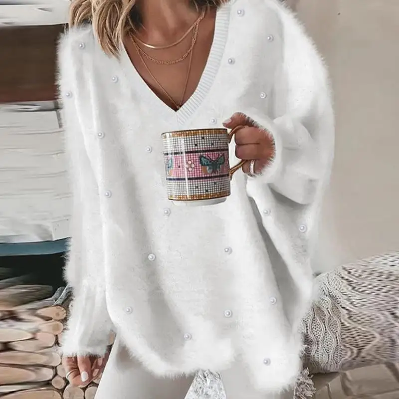 

Women's Long Sve Ne Knitwear Autumn Winter Faion Ciwalk Loose Fit Bead Decoration Coolmax Fiber Non-sinking