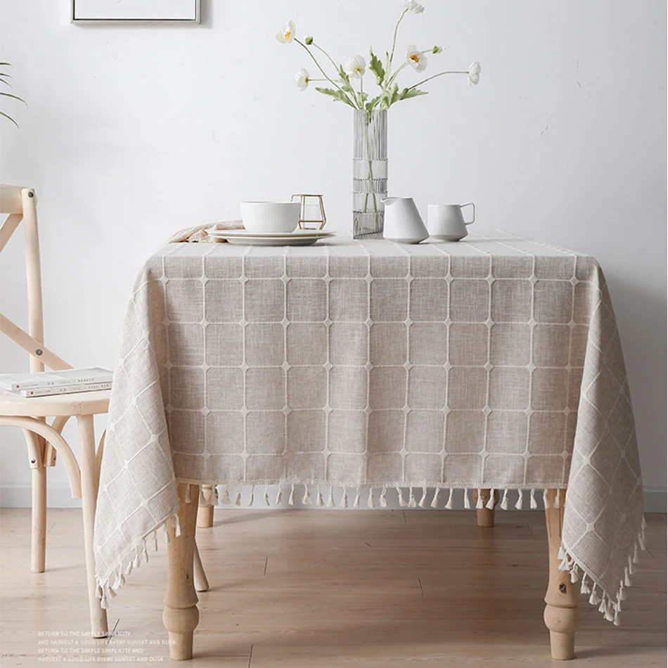 Three-dimensional Jacquard Checkered Lace Tablecloth,Cotton Linen Tassels Dust-Proof Table Cover,For Dinning Party Wedding Decor