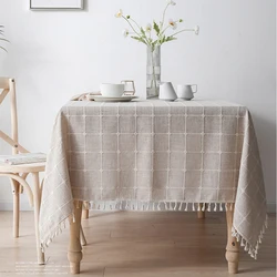 Mantel a cuadros Jacquard tridimensional, cubierta de mesa a prueba de polvo con borlas de lino y algodón, para decoración de bodas y fiestas de comedor