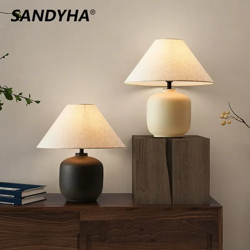 SANDYHA Japanese Ceramic Table Lamps for Bedroom Decoration Home Night Stand Living Room Led Light Teahouse Lighting Fixtures