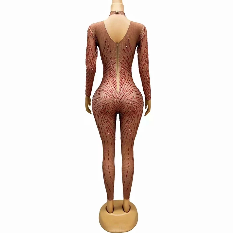 Combinaison à Manches sulfavec Strass Rouges pour Femme, Tenue de brevJazz, Bar, Discothèque, Dj Ds, Costumes Tricotés, Vêtements de Rave de Scène, XS7703