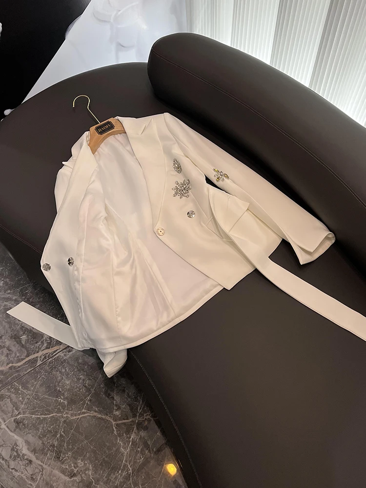 Lady Delicay Designed Office Formal Coat Slit Long Sleeve Rhinestone Women Solid Blazer White With Belt