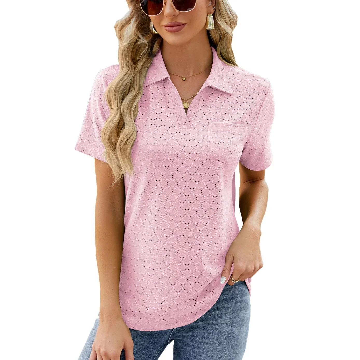 Camiseta de manga corta para mujer, tops con cuello de solapa, liso ahuecado, verano