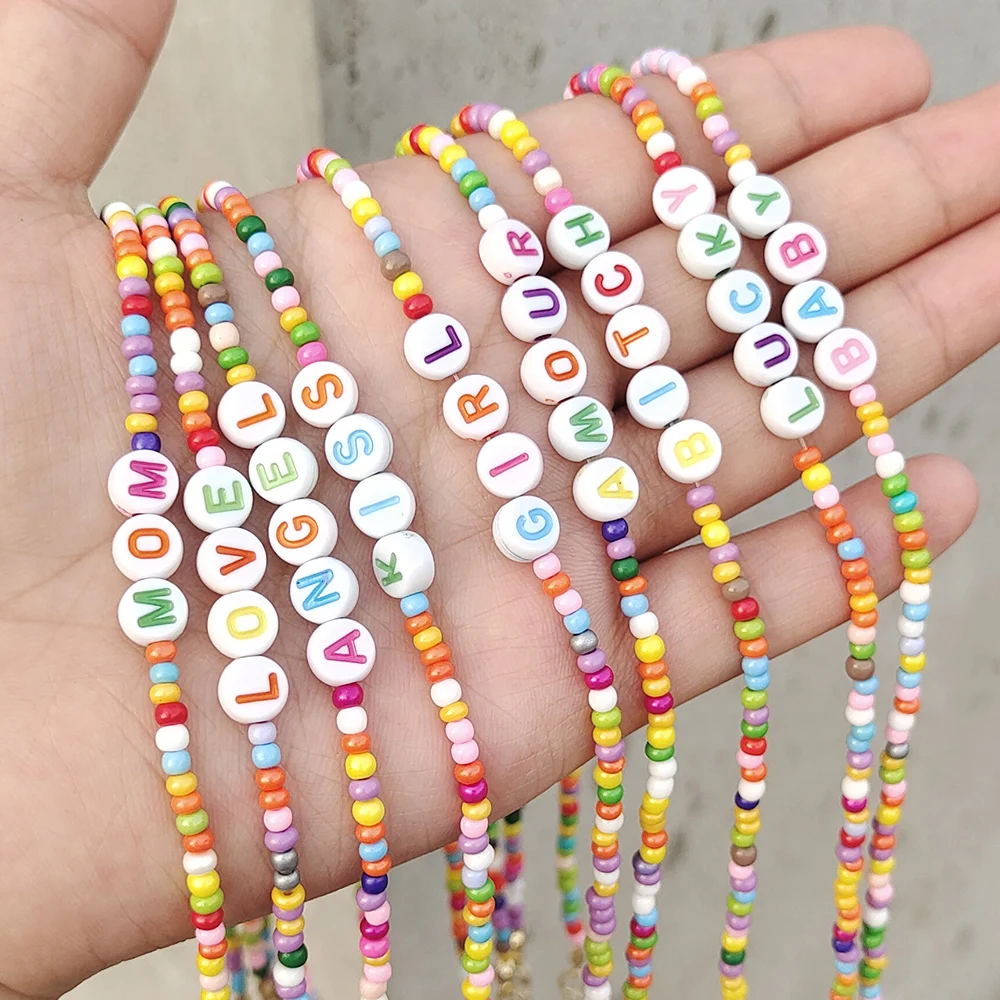 ZX Boho Handmade Colorful Beaded Chain Chokers for Women Letter Baby Love Angel Beads DIY Short Necklace Wholesale Jewelry Gifts